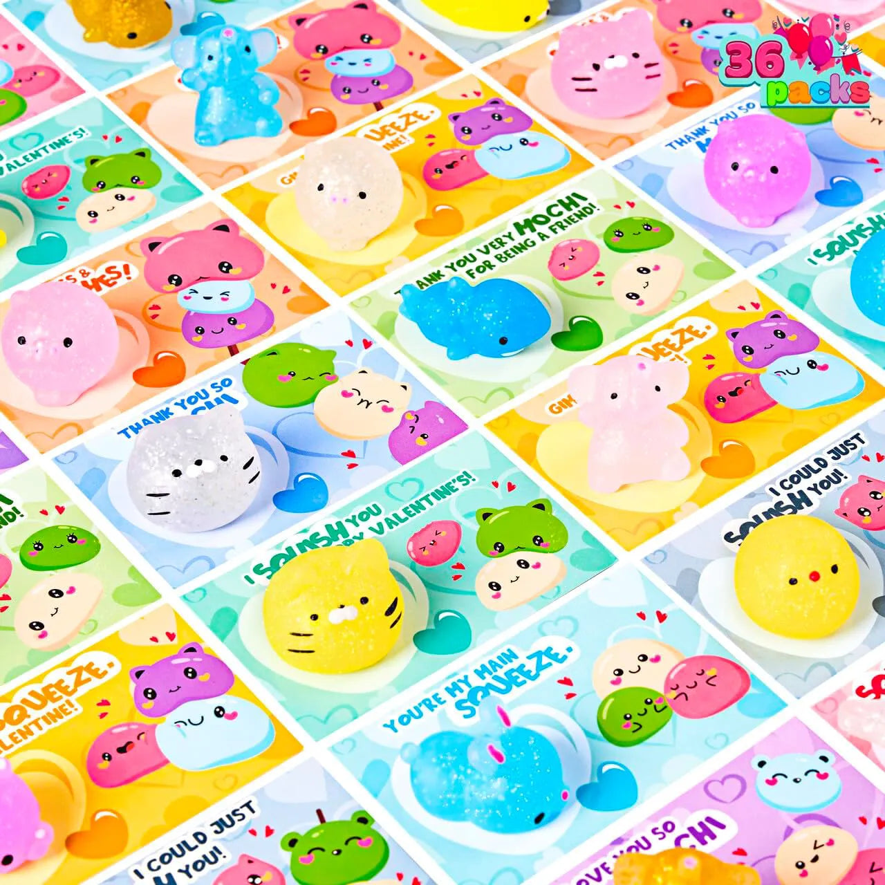 36-Pack Valentine's Day Gift Cards with Glitter Mochi Squishy Toys