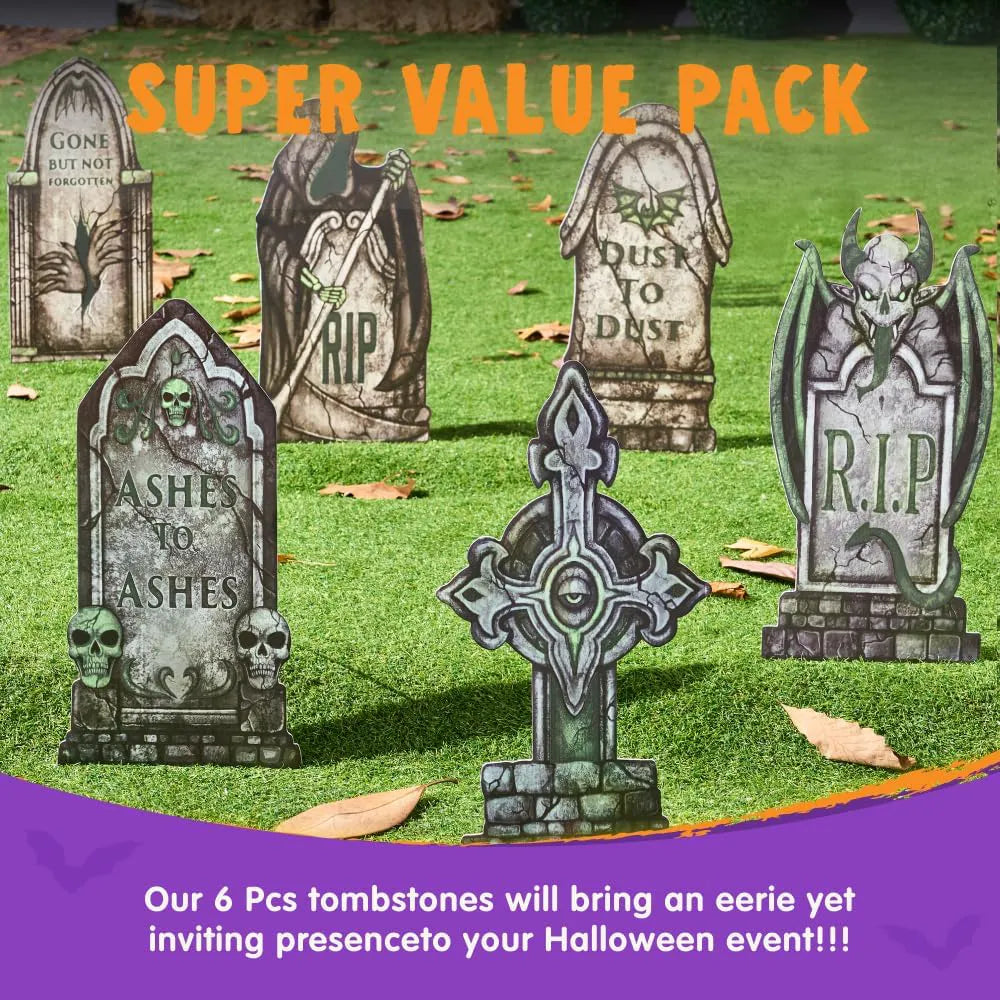 6-Pack 16-Inch Halloween Graveyard Tombstones, Glow in the Dark