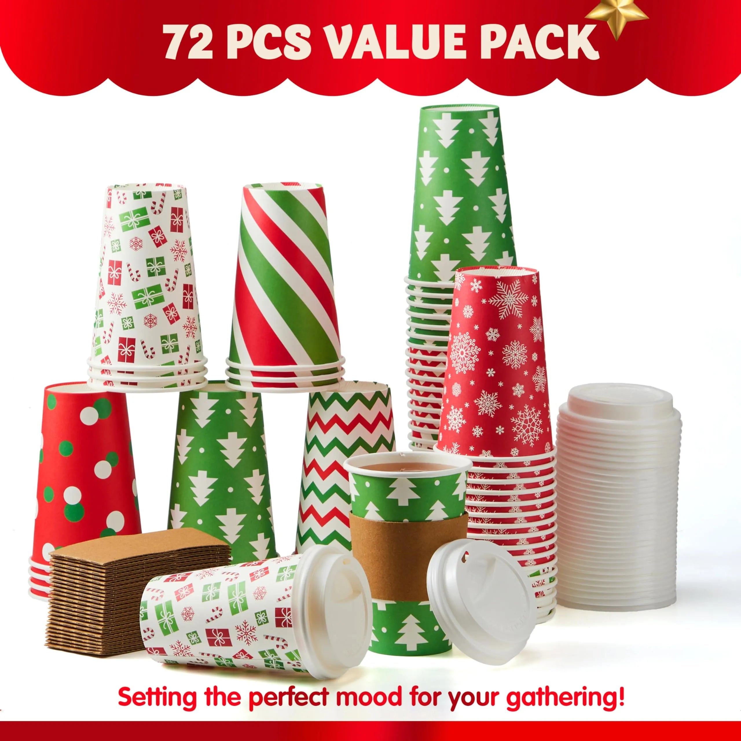 72-Pack 16 oz Christmas Disposable Paper Cups, 6 Festive Designs