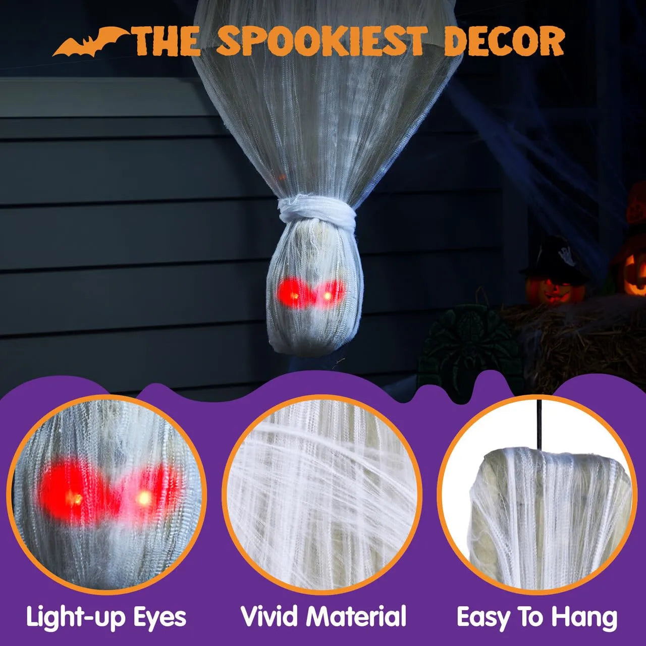 72in Halloween Hanging Animated Cocoon Corpse with Animatronic Sound and Light-up Eyes