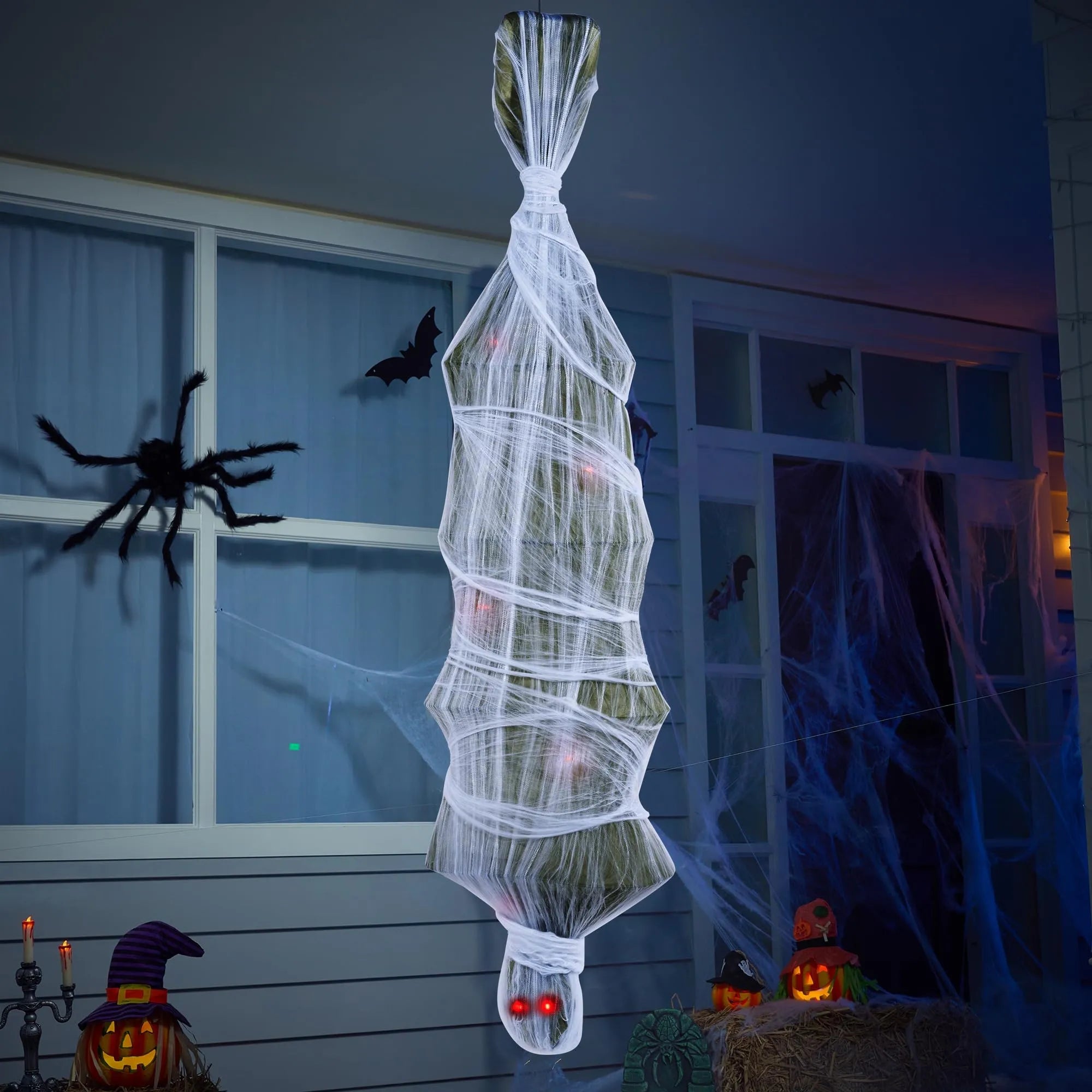 72in Halloween Hanging Animated Cocoon Corpse with Animatronic Sound and Light-up Eyes