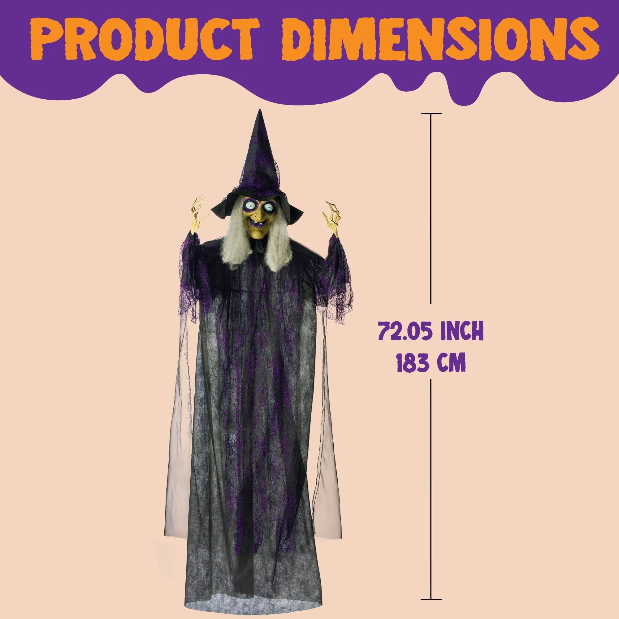 72-Inch Halloween Hanging Witch with Light-Up Eyes & Creepy Sound