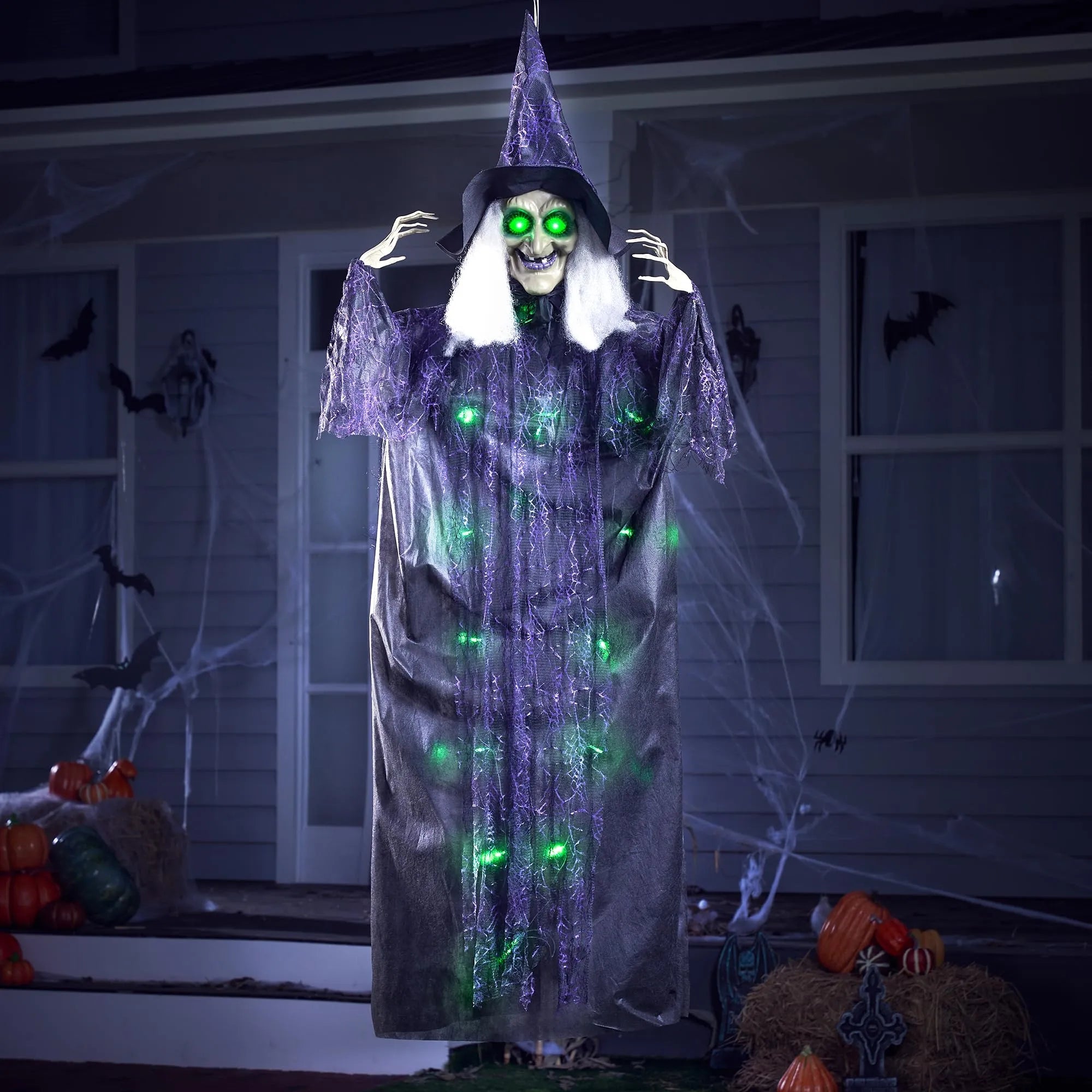 72-Inch Halloween Hanging Witch with Light-Up Eyes & Creepy Sound