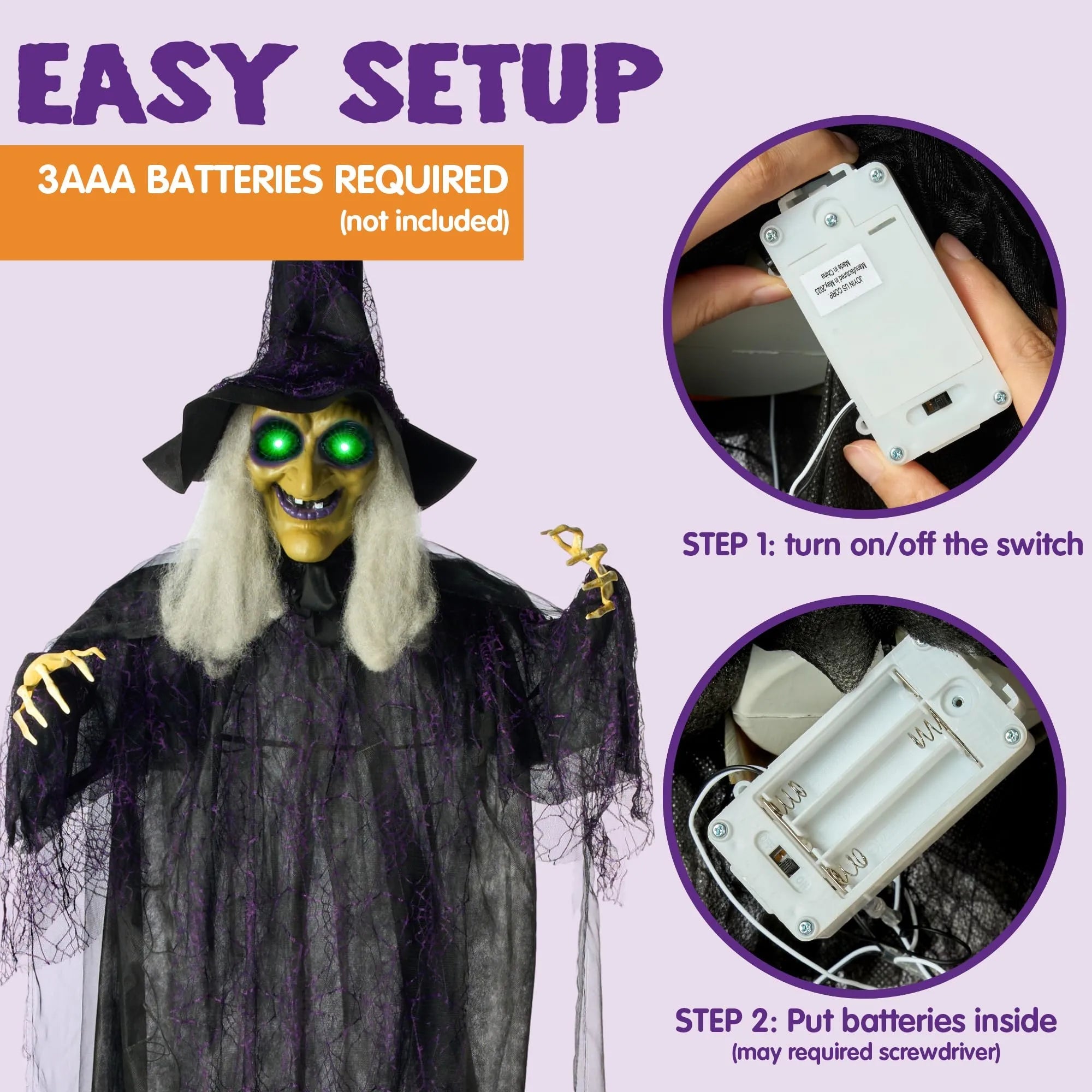 72-Inch Halloween Hanging Witch with Light-Up Eyes & Creepy Sound