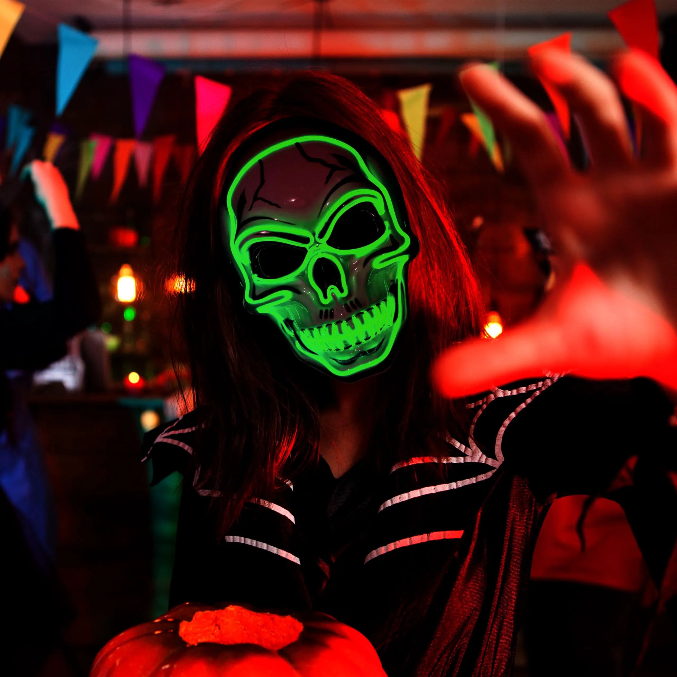 Green Halloween LED Skull Mask with Light-Up Gloves