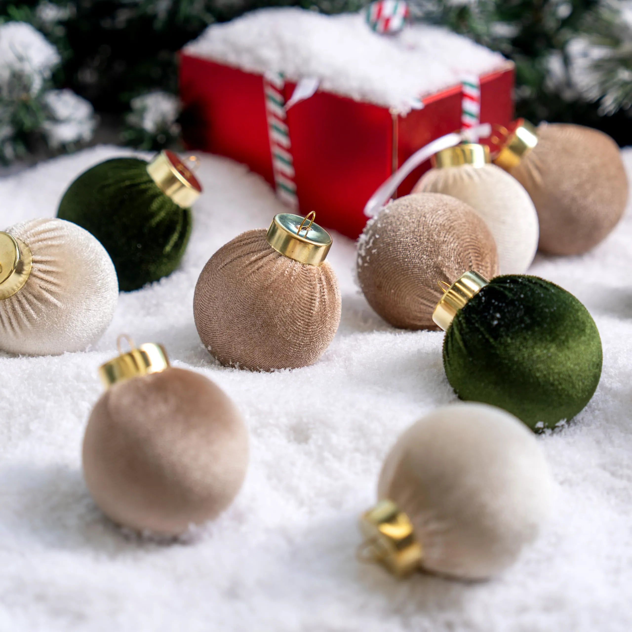 15 Pcs Christmas Velvet Ball Ornaments Set, 2.36" Green Brown Neutral