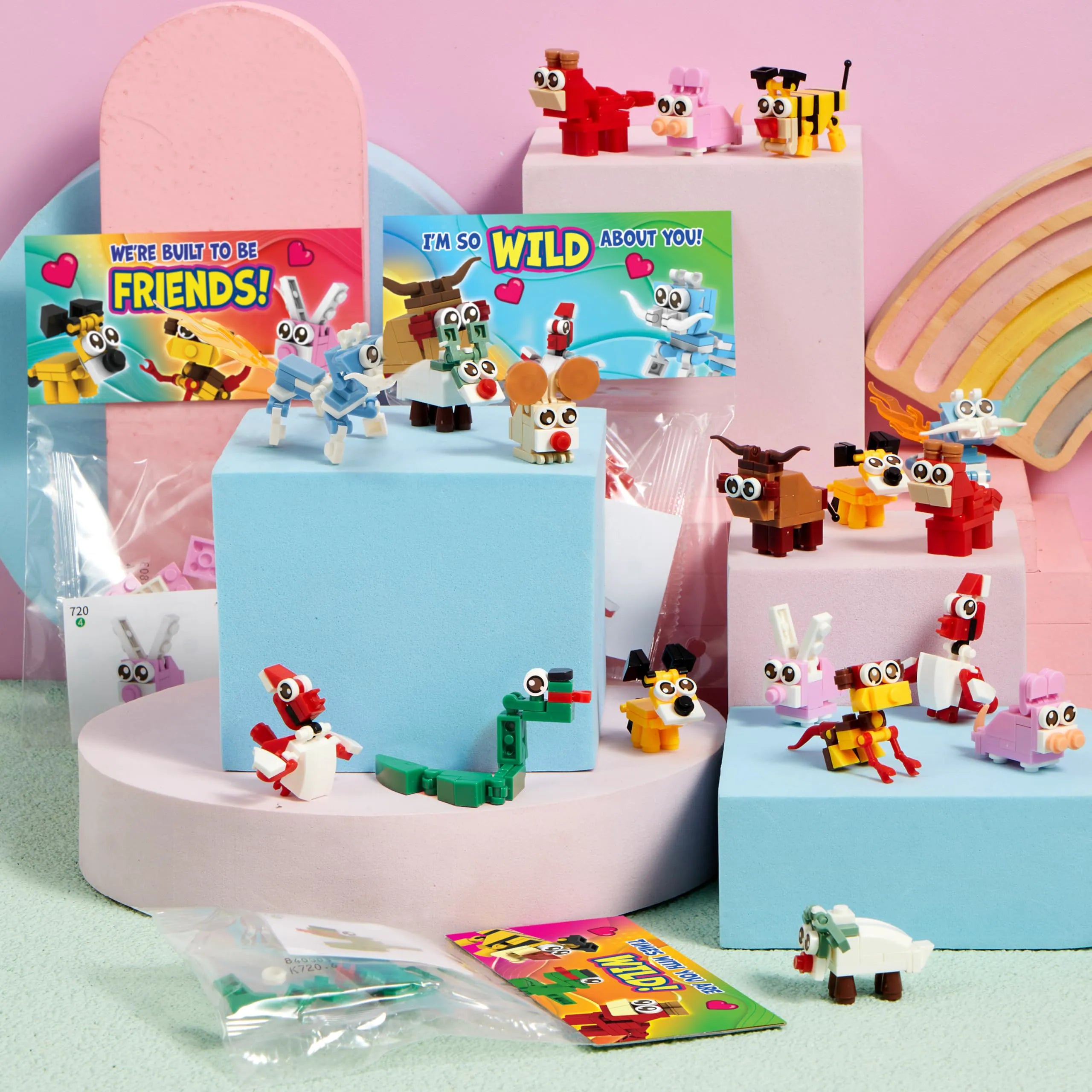 24 Pack Valentine's Day Cards with Animal Building Blocks - Party Favor Toys