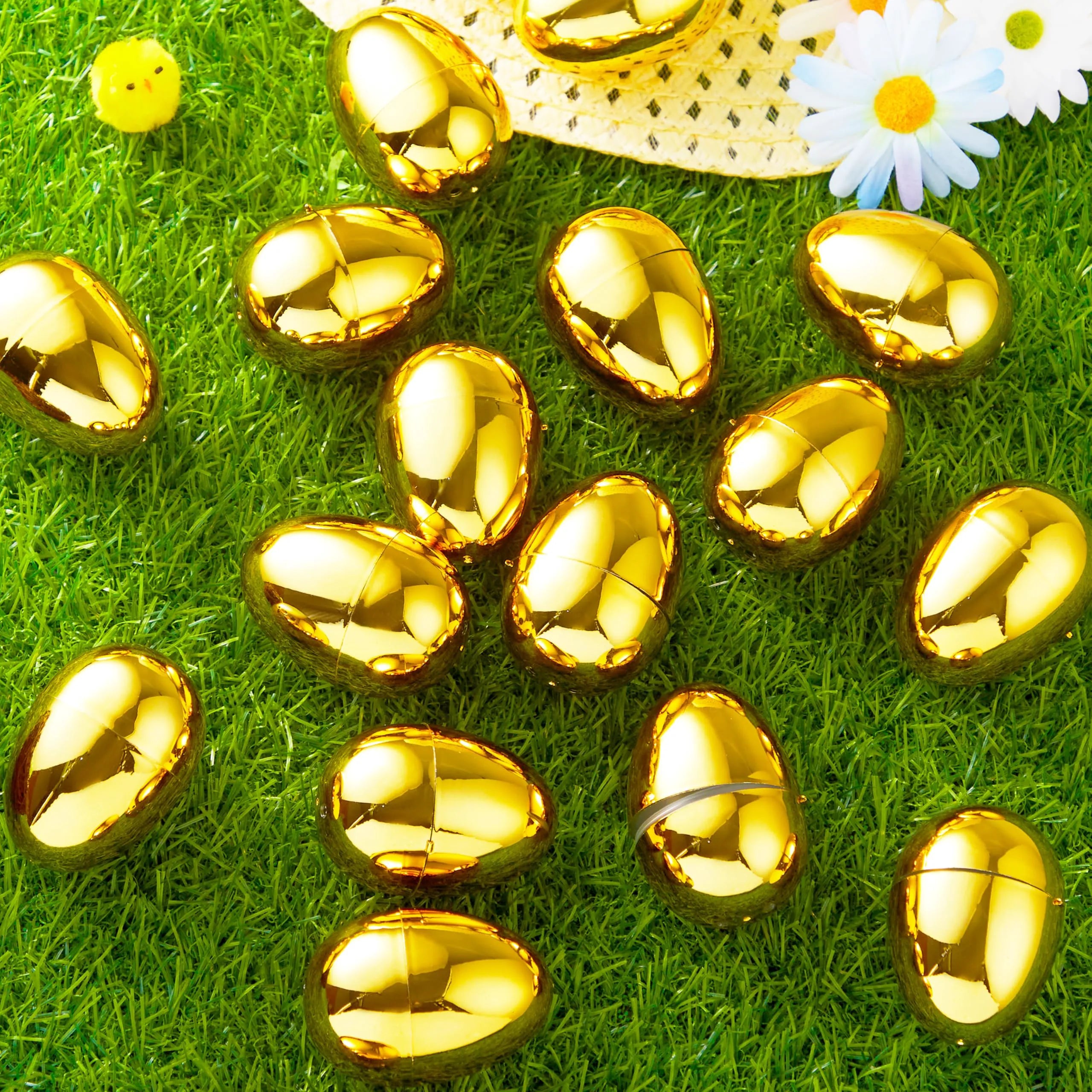 24 Gold Easter Eggs 2.3" Metallic Plastic Empty Fillable Eggs for Easter Hunt