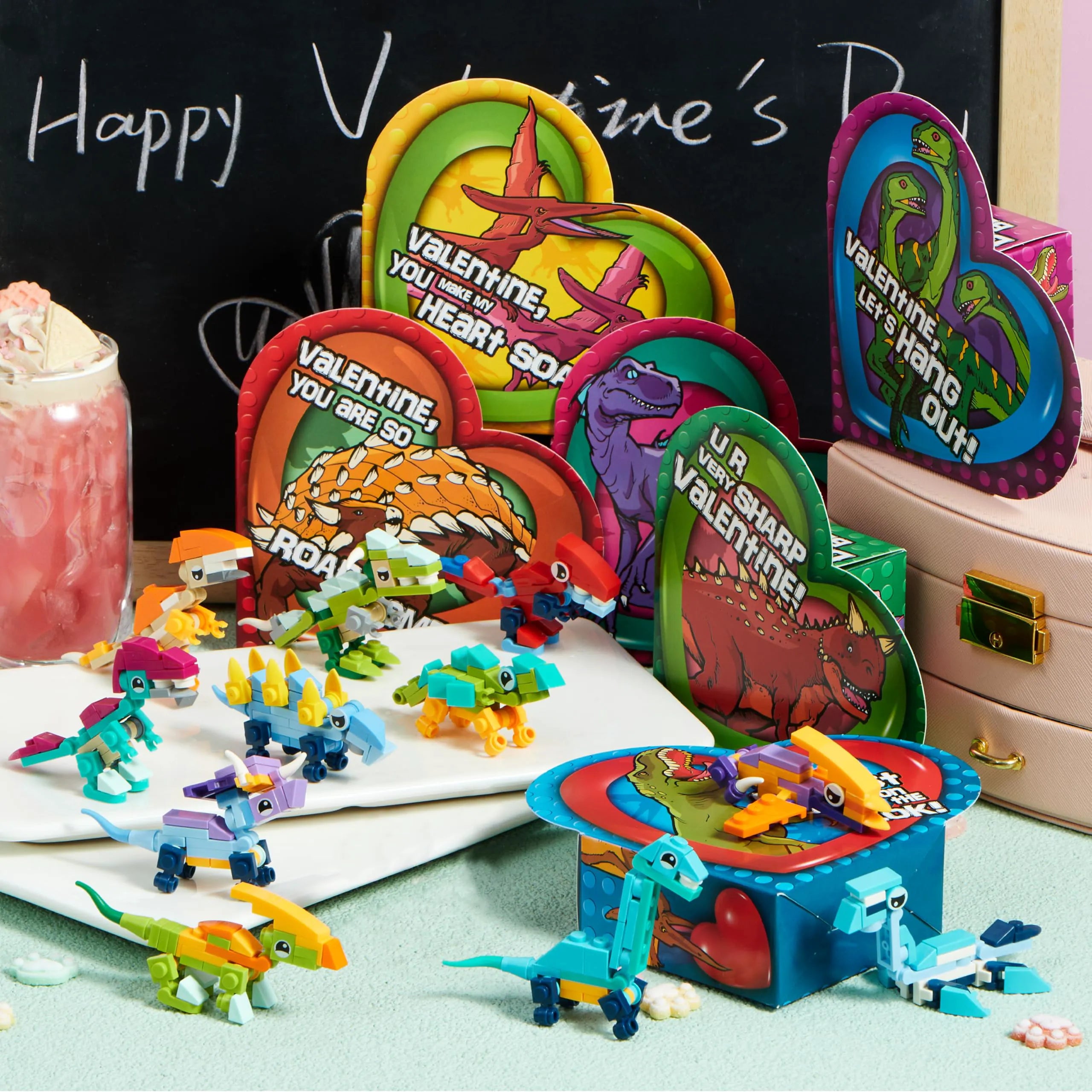 12 Packs Valentine's Dinosaur Building Blocks Toys with Heart Boxes for Party Favors