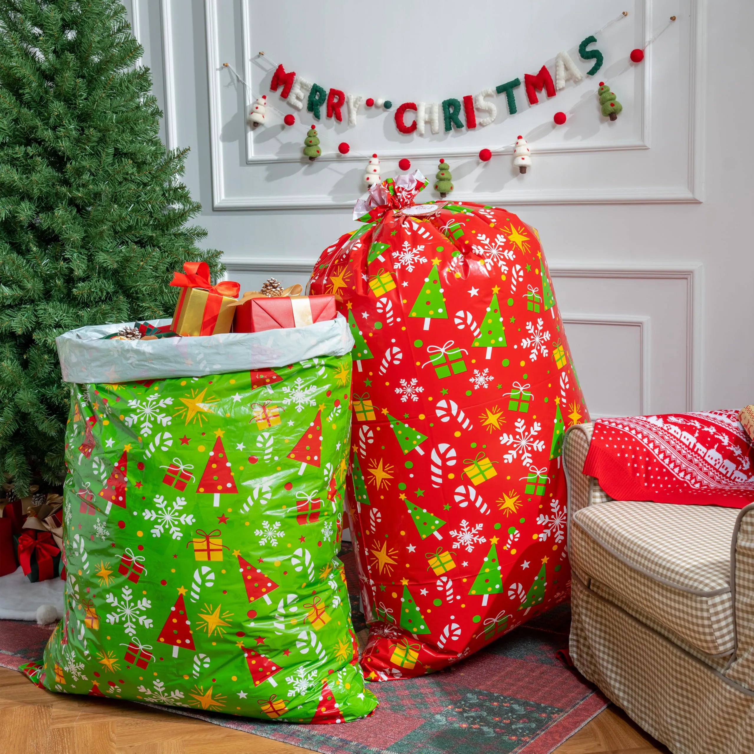 2-Pack Large Red & Green Christmas Holiday Plastic Gift Bags