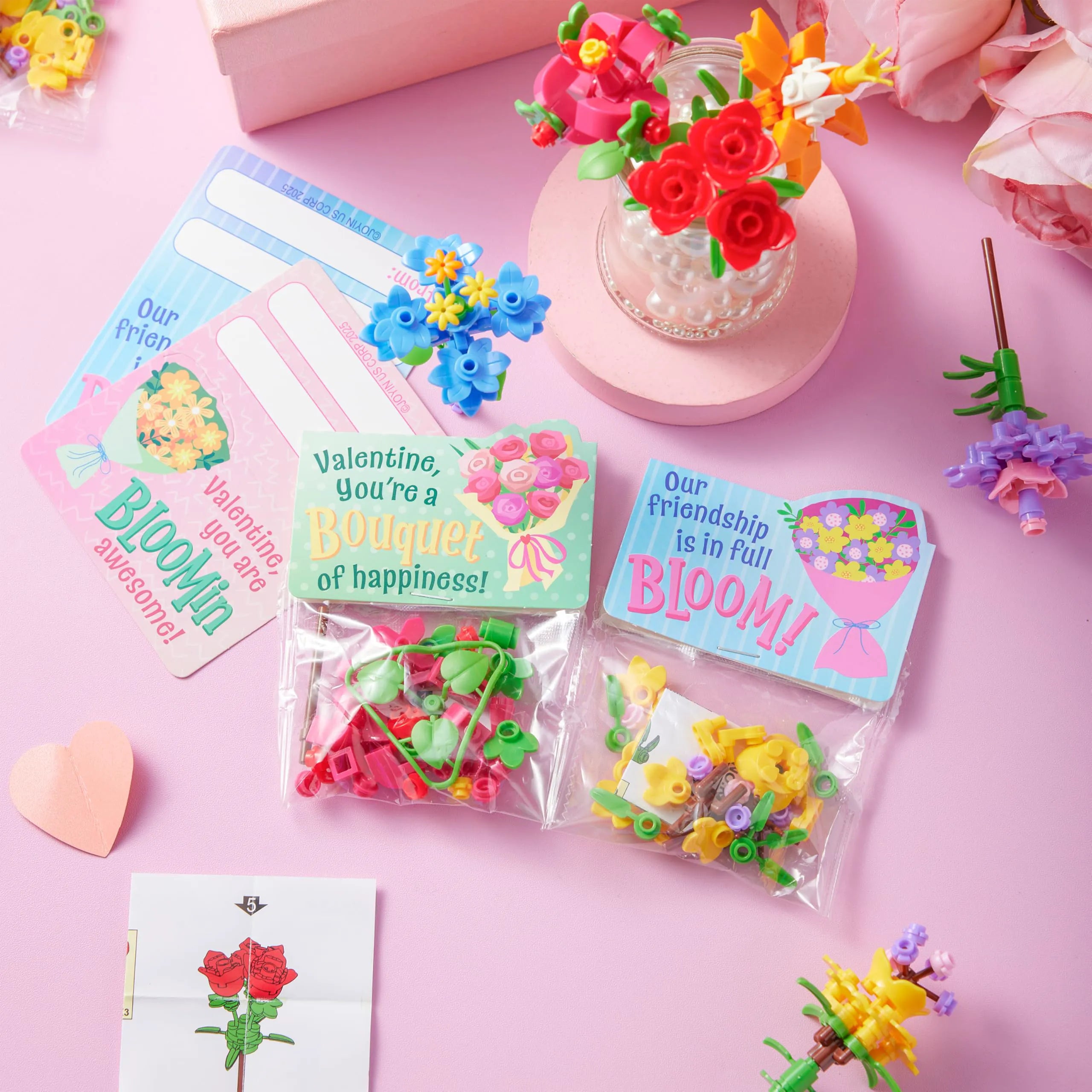 24-Piece Valentine's Day Flower Bouquet Building Blocks Set with Cards