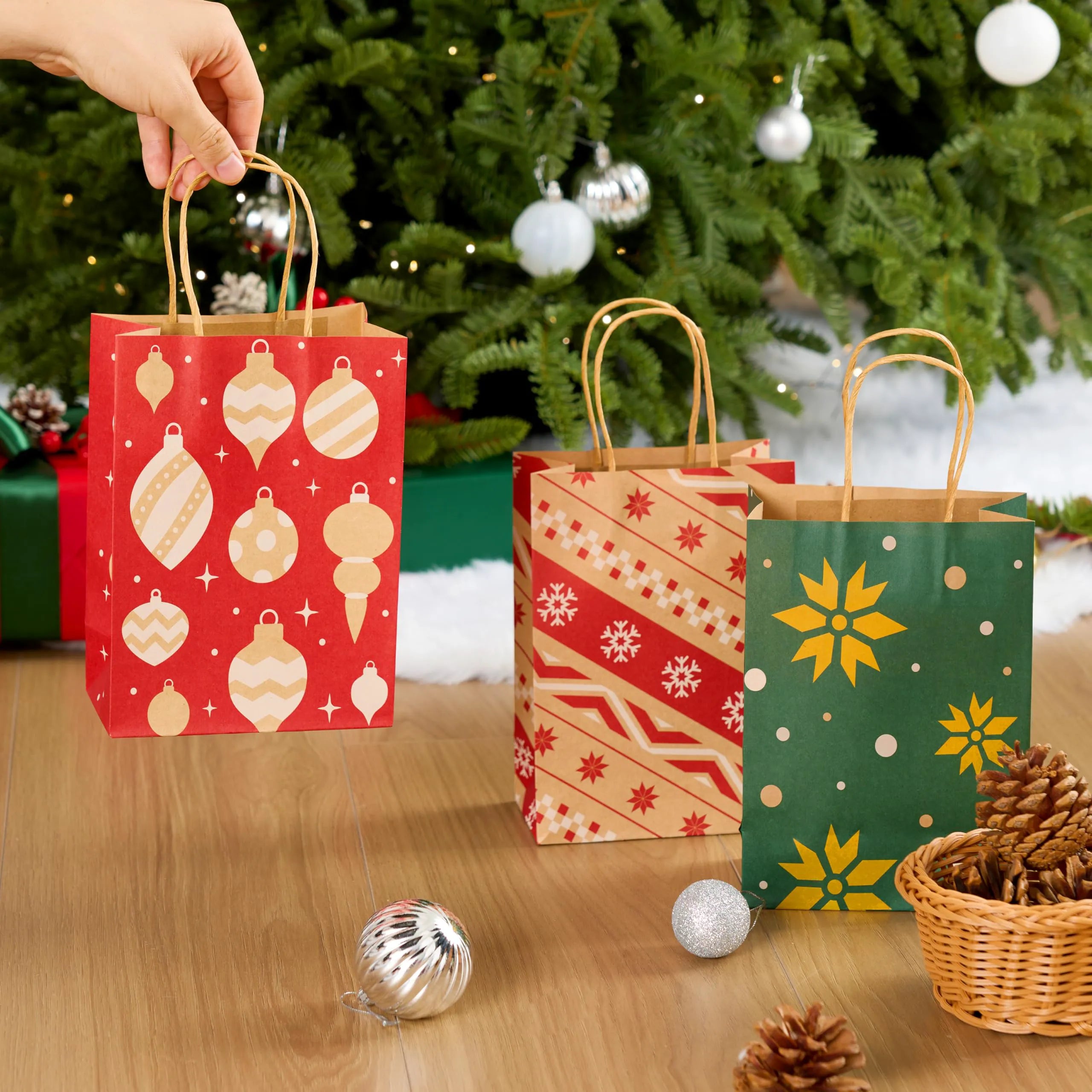24 Pack Christmas Kraft Paper Gift Bags - Holiday Goody Bags