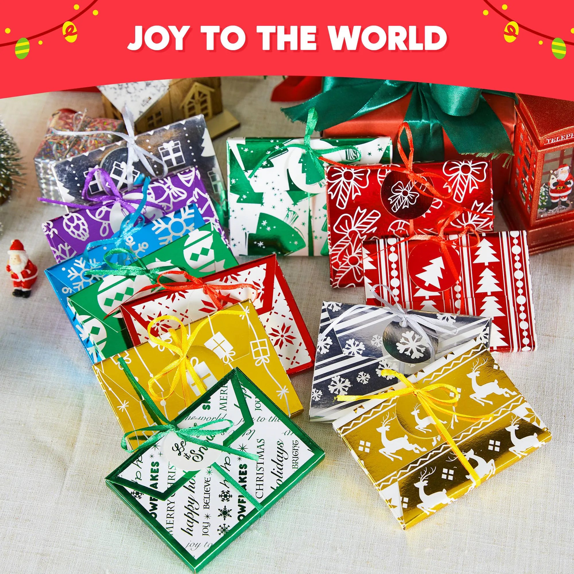 12 PCS Christmas Fancy Foil Gift Card Boxes with Ribbon