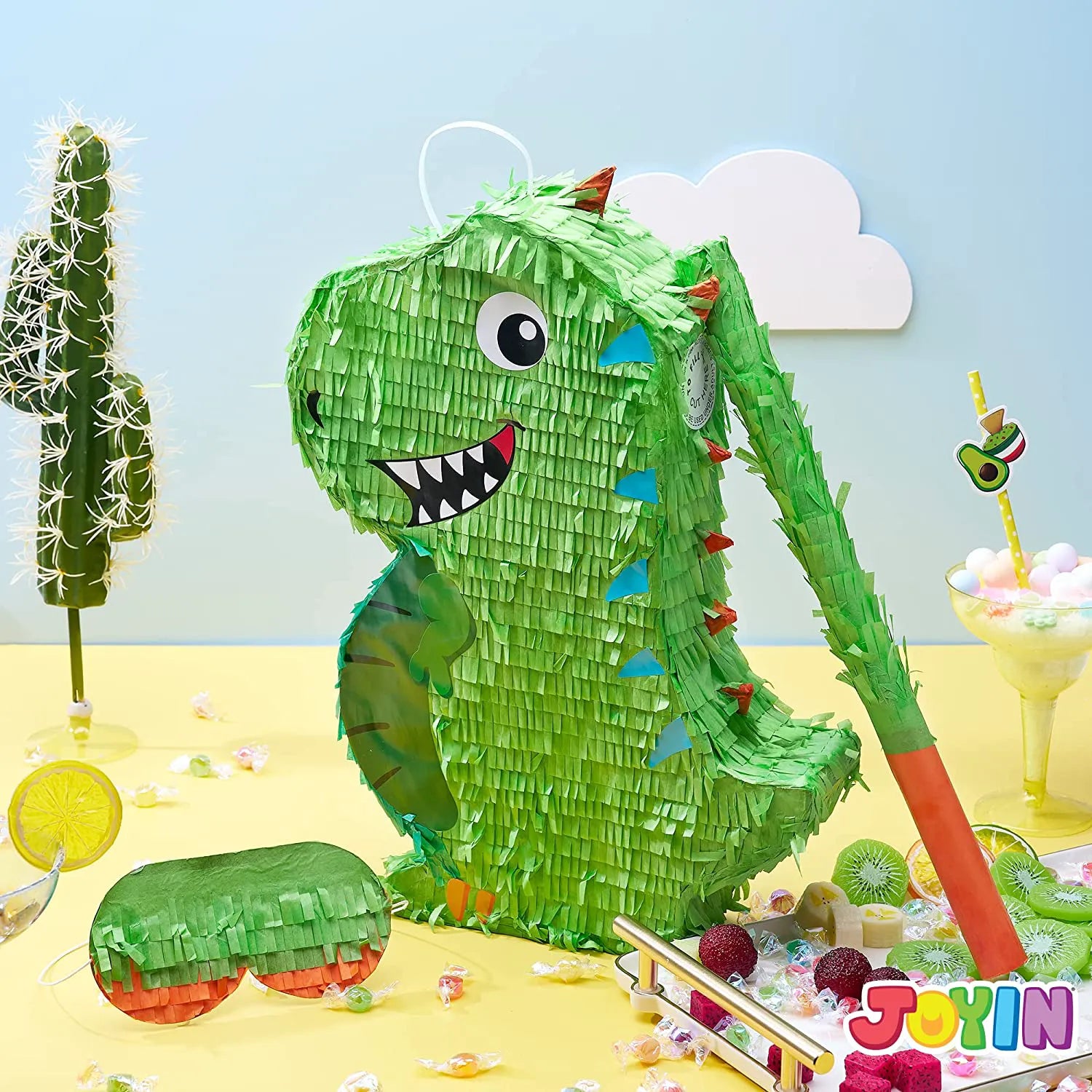 Dinosaur Pinata Set with Plastic Bat and Paper Blindfold