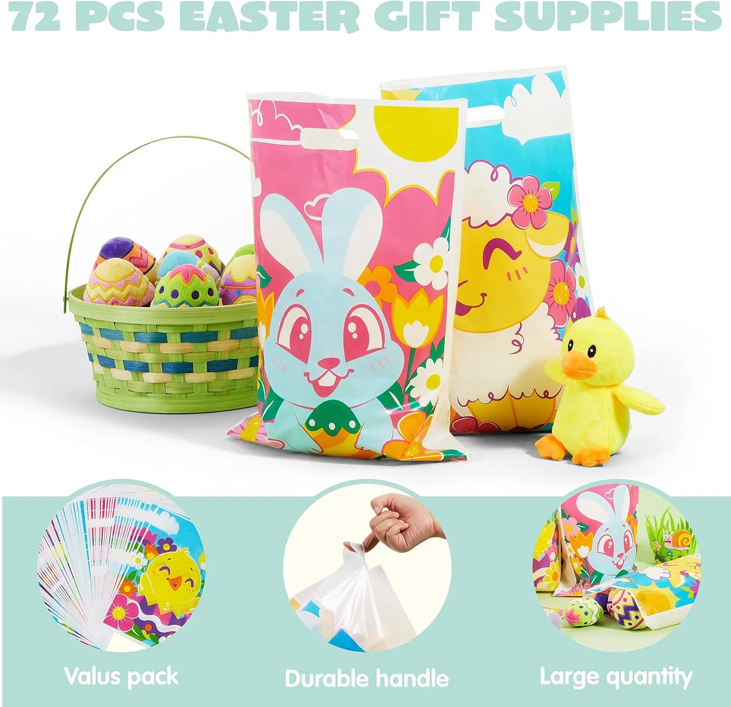 JOYIN 72 Pack Easter Plastic Gift Bags with Animal Flower Easter Party Supplies for Kids