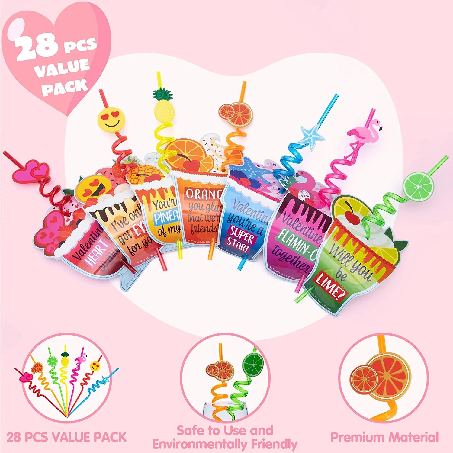28 Reusable Drinking Straws with Kids' Valentine Cards for Valentine Party Favors