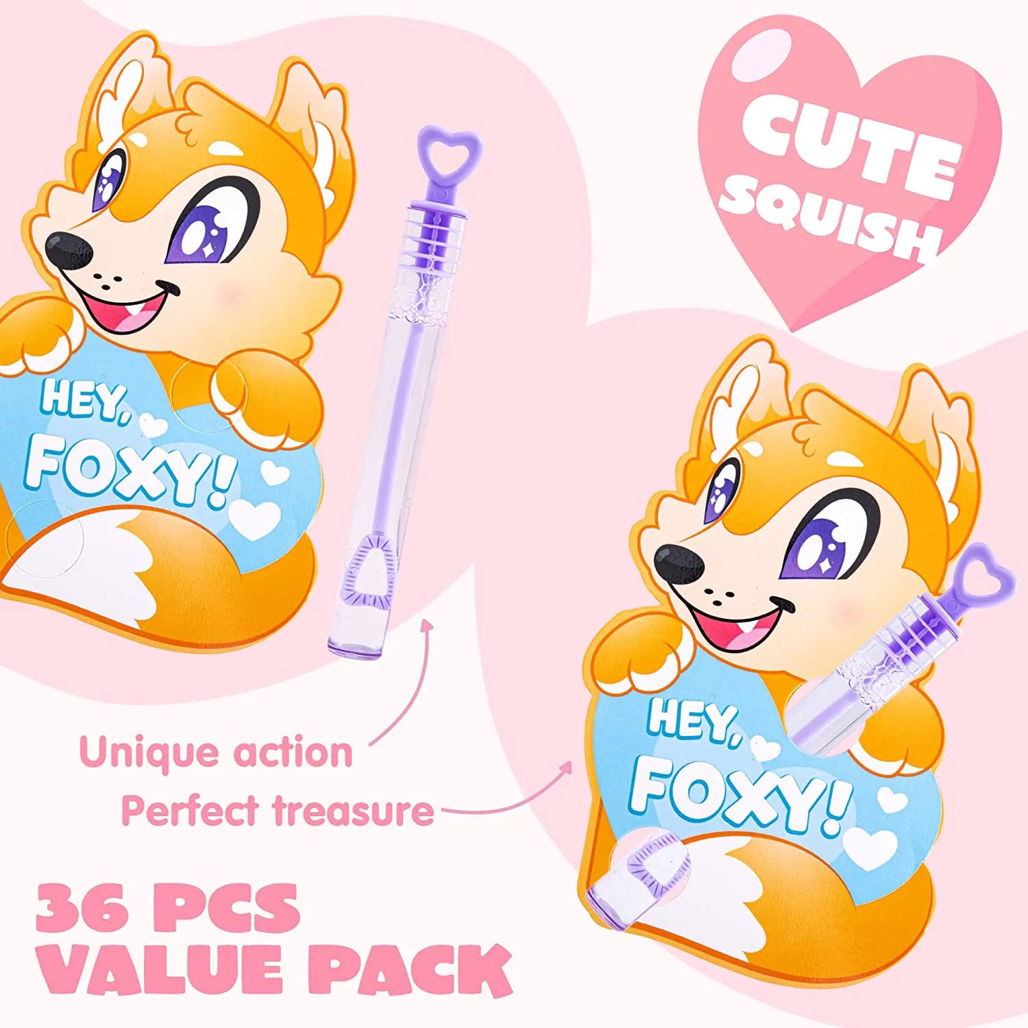 36-Pack Kids Valentine's Cards with Mini Bubble Maker Wands - Classroom Exchange Gifts