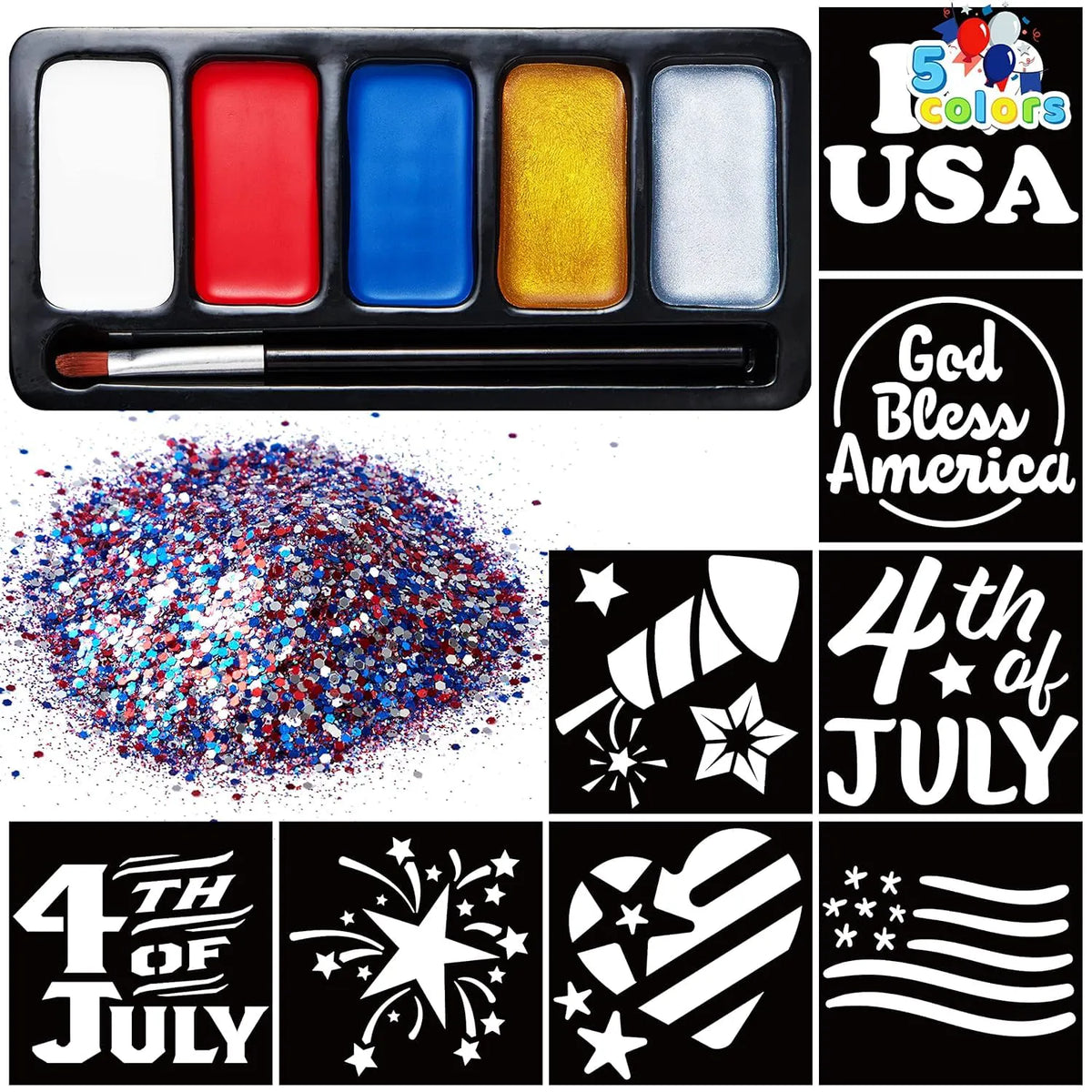 JOYIN 5-Color Patriotic Face & Body Paint Kit with Glitter and 16 Stencils - Red, White, Blue Makeup for 4th of July, Independence Day, Memorial Day, Veterans Day Parties