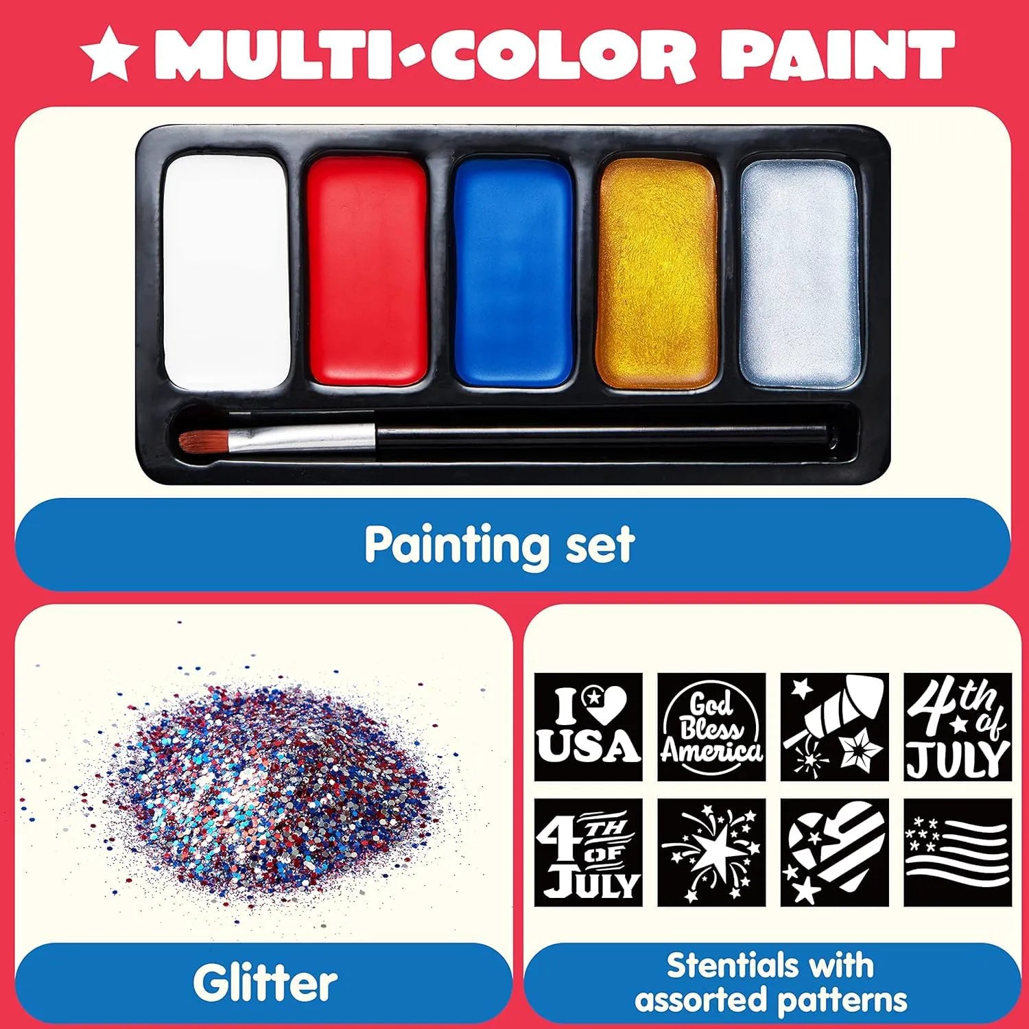 JOYIN 5-Color Patriotic Face & Body Paint Kit with Glitter and 16 Stencils - Red, White, Blue Makeup for 4th of July, Independence Day, Memorial Day, Veterans Day Parties