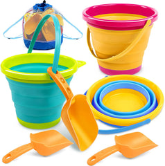 3 Pack Foldable Pail Buckets with Shovels (Bonus Mesh Bag)