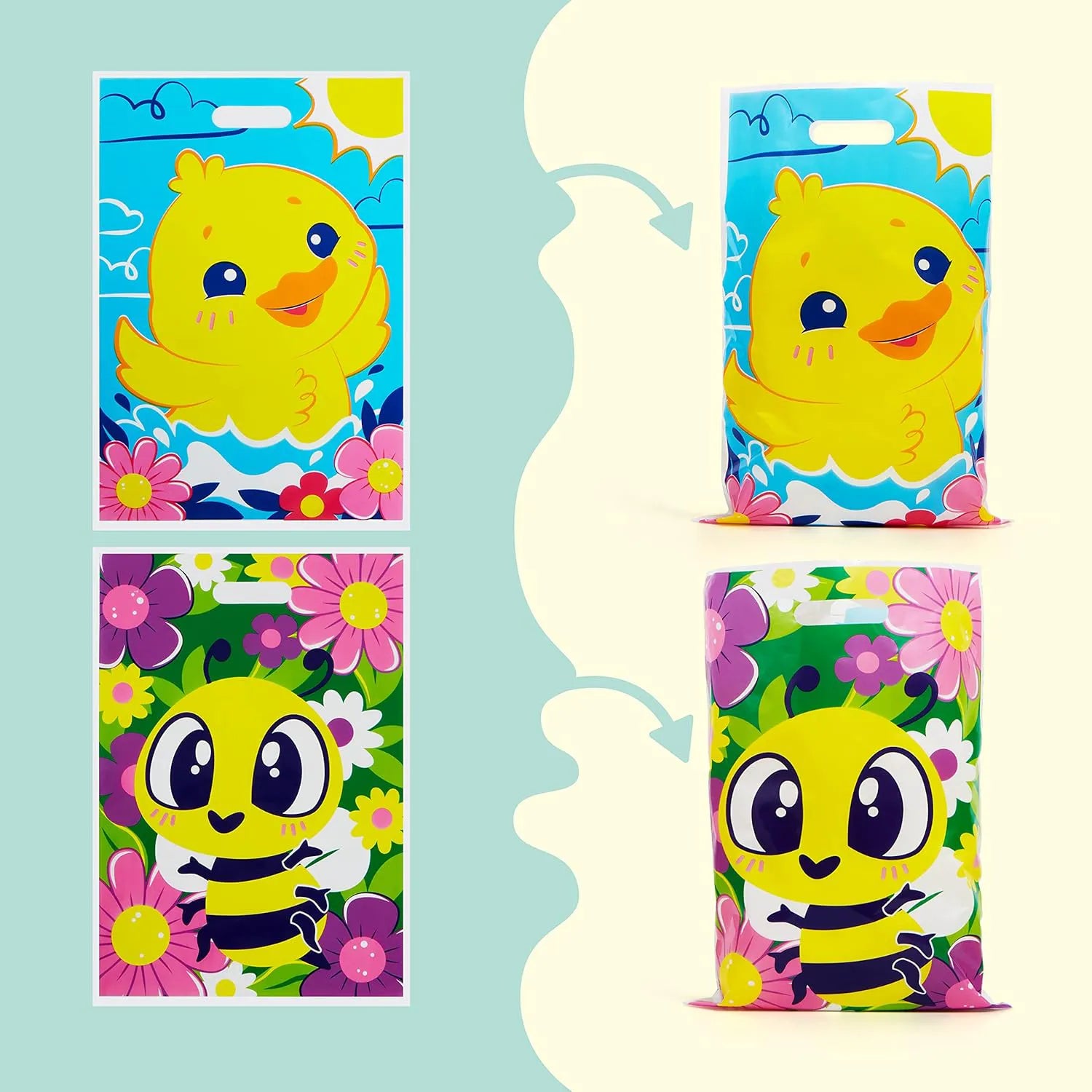 JOYIN 72 Pack Easter Plastic Gift Bags with Animal Flower Easter Party Supplies for Kids