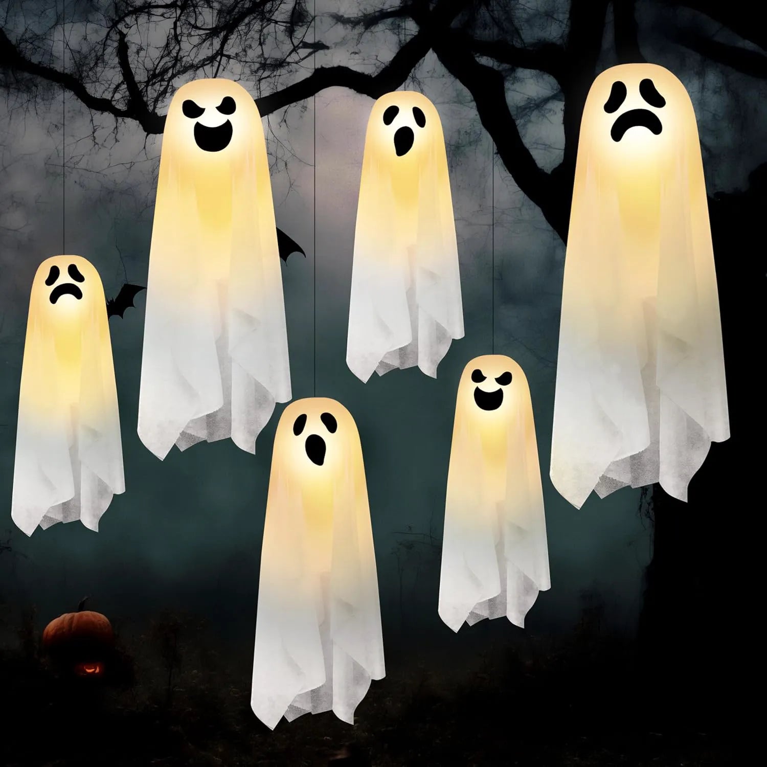 6-Pack Hanging Ghost Halloween Decorations for Outdoor Use