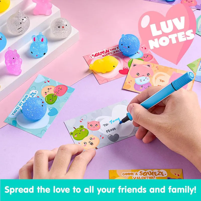 28 Glitter Mochi Squishy Toys with Valentine Cards for Classroom Exchange