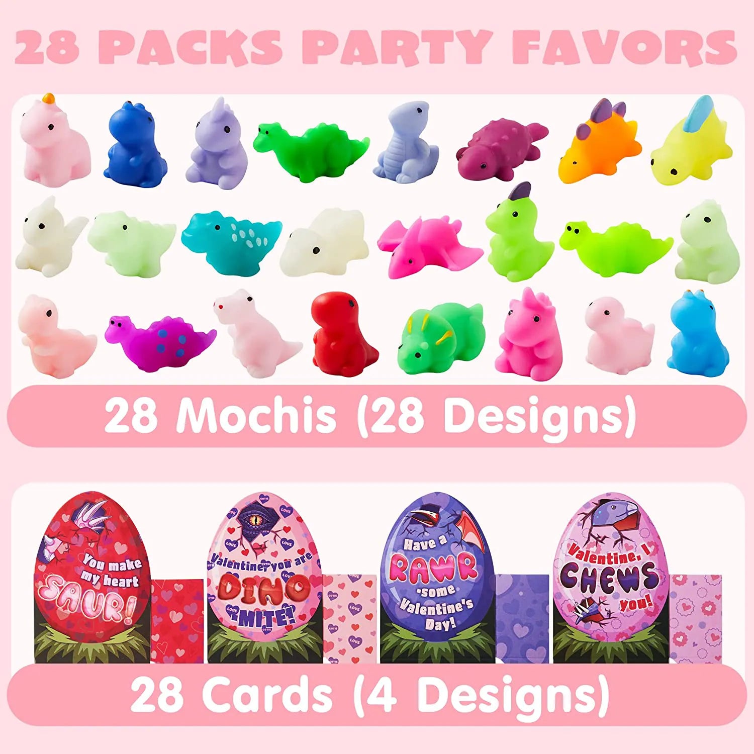 28-Pack Dinosaur Mochi Squishy Toys with Boxes - Valentine's Day Cards for Kids