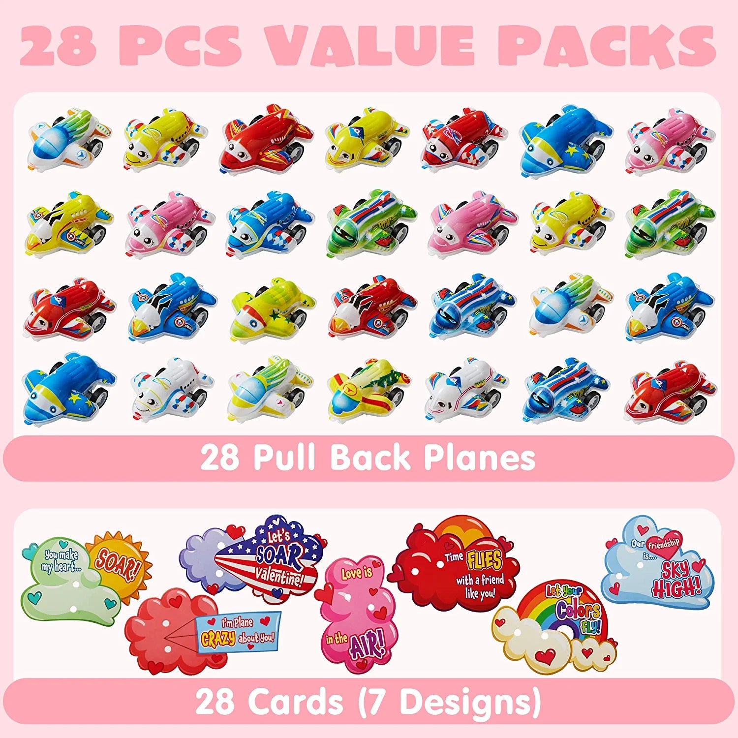 28-Pack Kids Valentine's Cards with Pull-Back Airplanes - Classroom Exchange Gifts