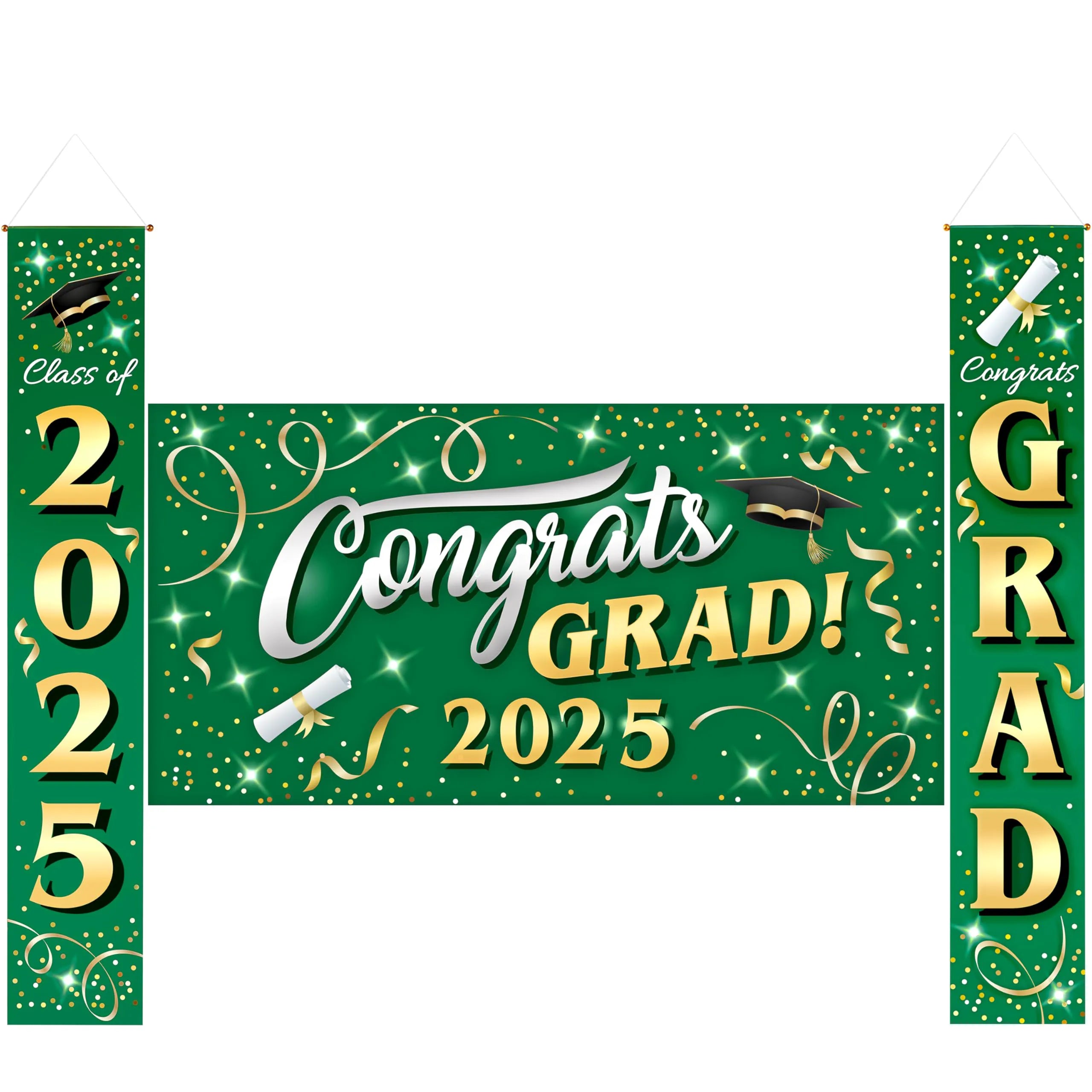 JOYIN 3 Pcs Graduation Decorations Class of 2025, Satin Fabric Congrats Grad Banner Set, Green & Gold Party Backdrop and Banner Hanging Porch Supplies for College Graduation Party Indoor Outdoor Decor