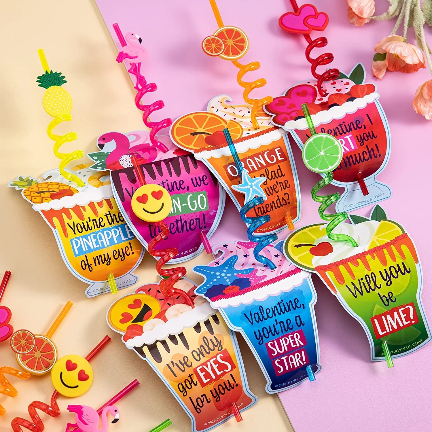 28 Reusable Drinking Straws with Kids' Valentine Cards for Valentine Party Favors