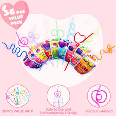 36 Drinking Straws with Kids Valentine's Cards for Valentine Party Favors