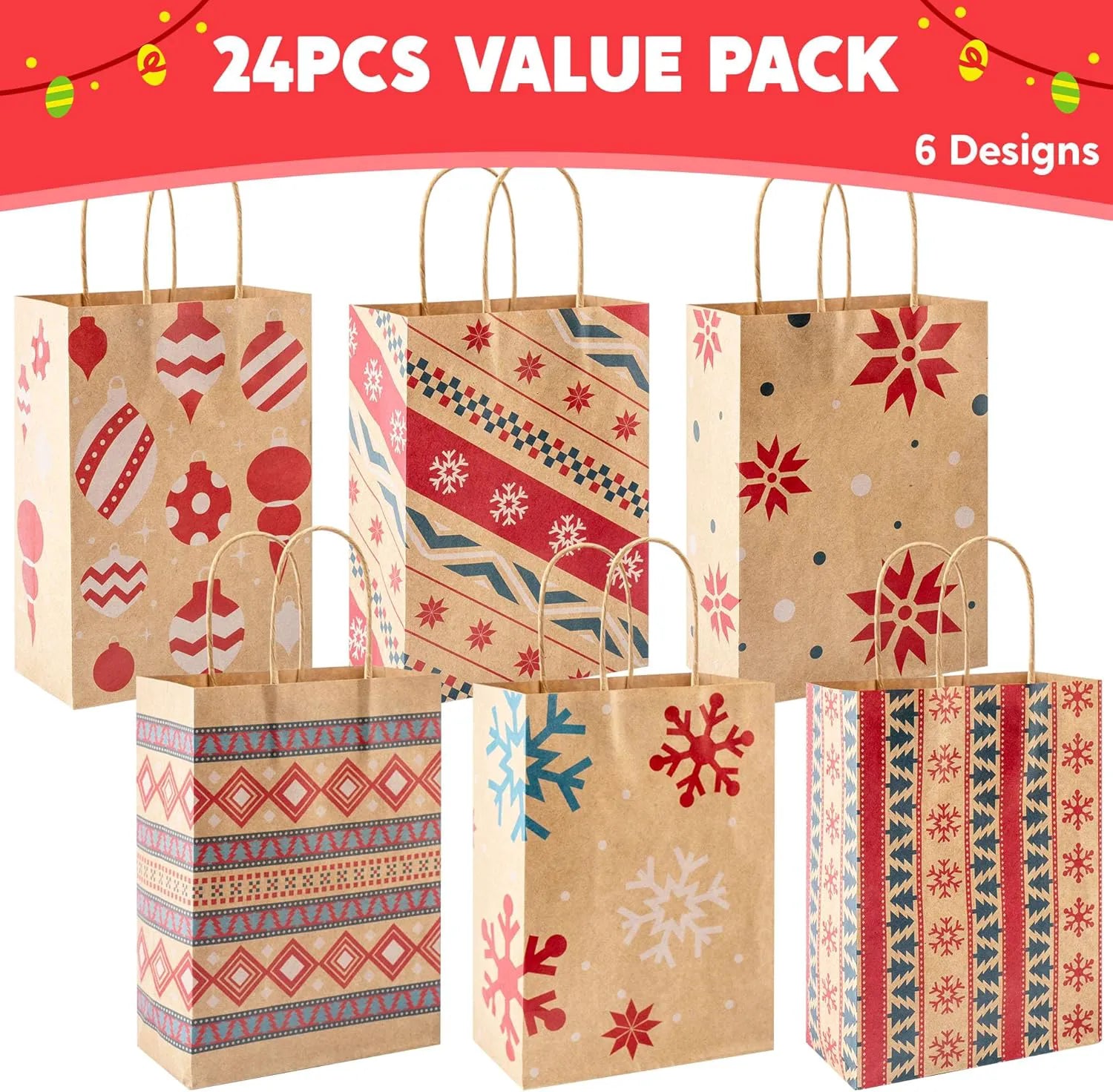24 PCS Christmas Kraft Gift Bags with Durable Handles and Non-Breaking Bottoms for Holiday Gifts