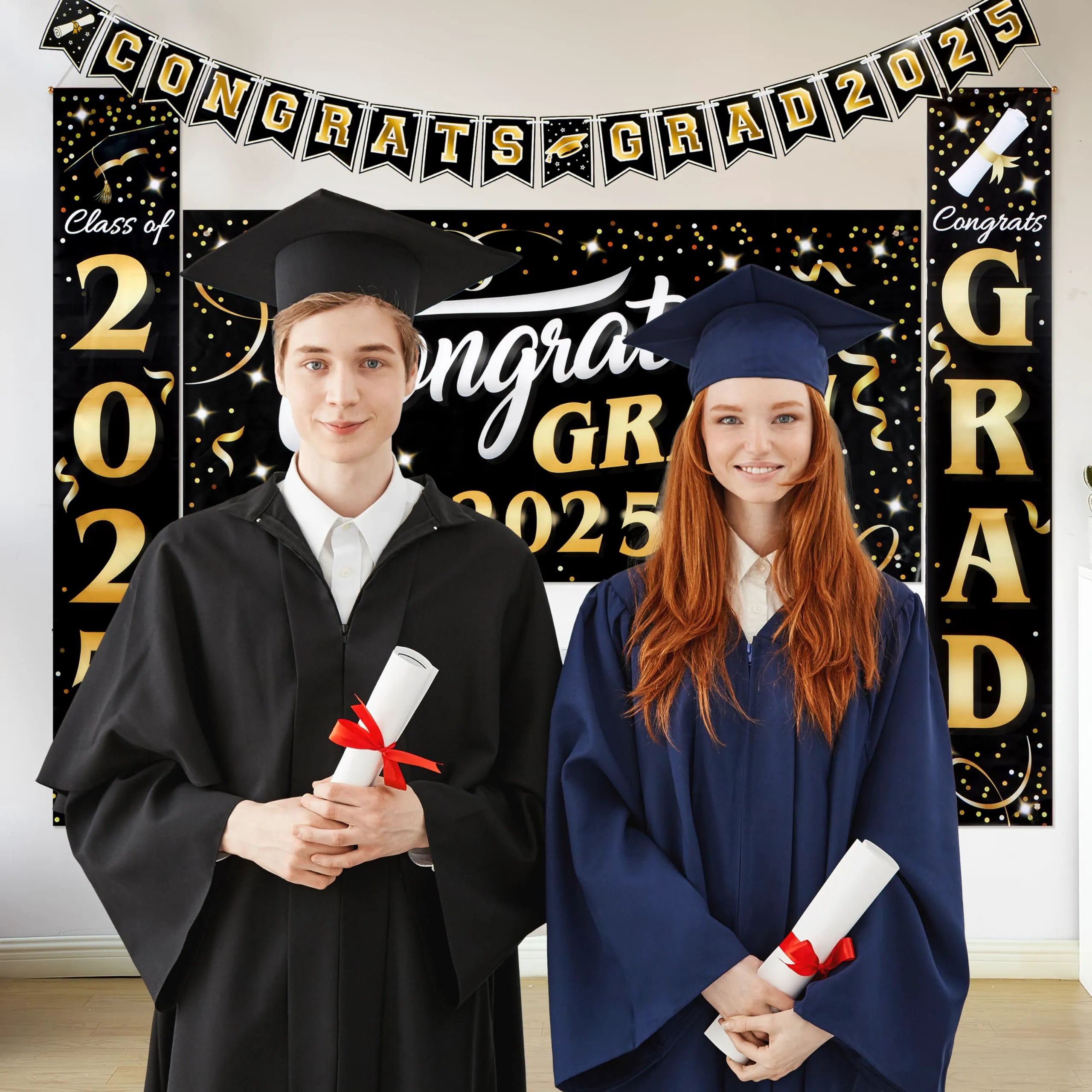 JOYIN Graduation Party Decorations Class of 2025, Black & Gold Grad Celebration Supplies Set with Backdrop Banner, Porch Sign, Balloons, Foil Number 2025, Hanging Strip for High School College Grad