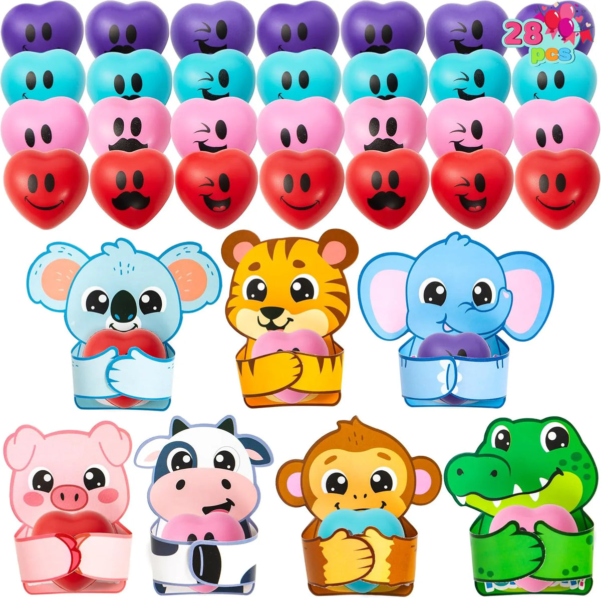 JOIN 28-Piece Valentine Animal Cards with Heart Stress Balls