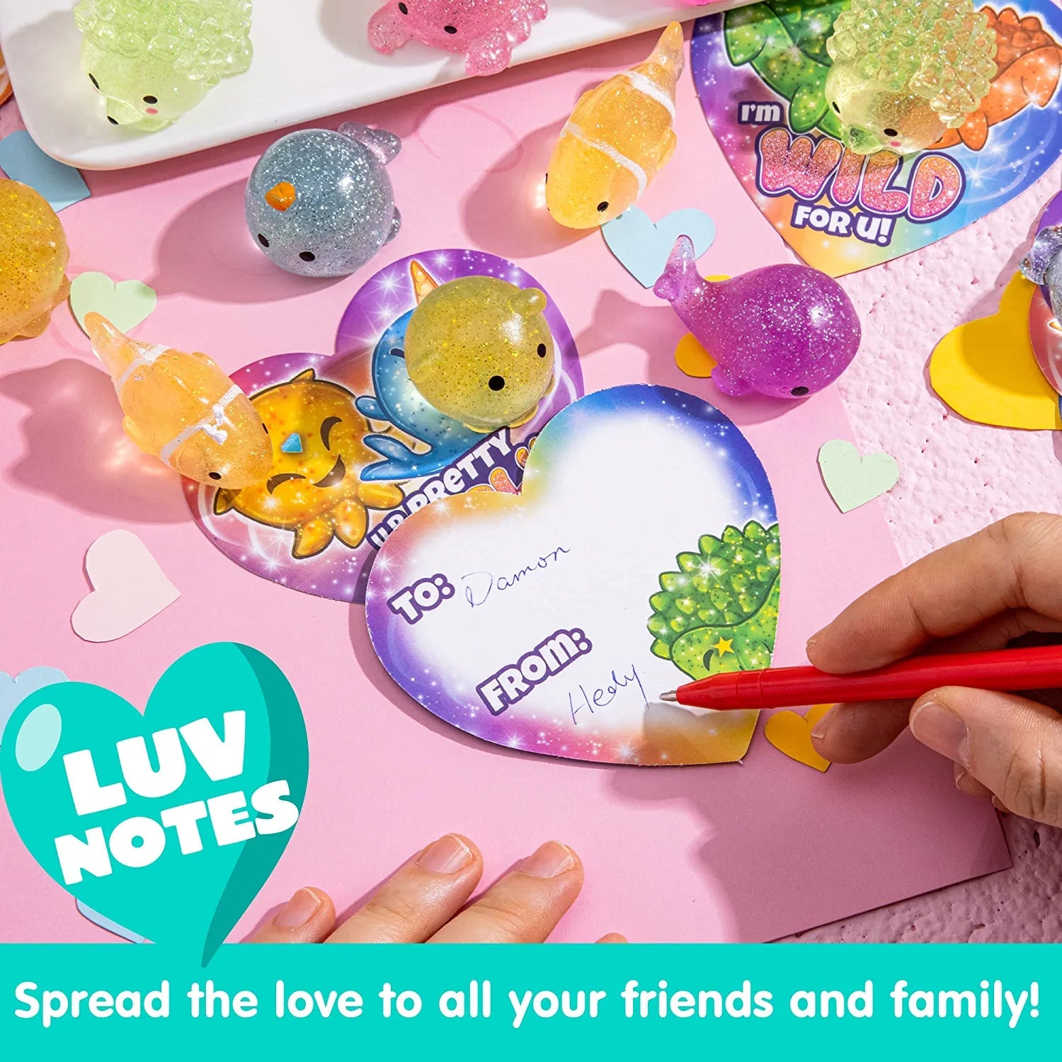 28 Glitter Mochi Squishy Toys with Valentine Cards for Classroom Exchange