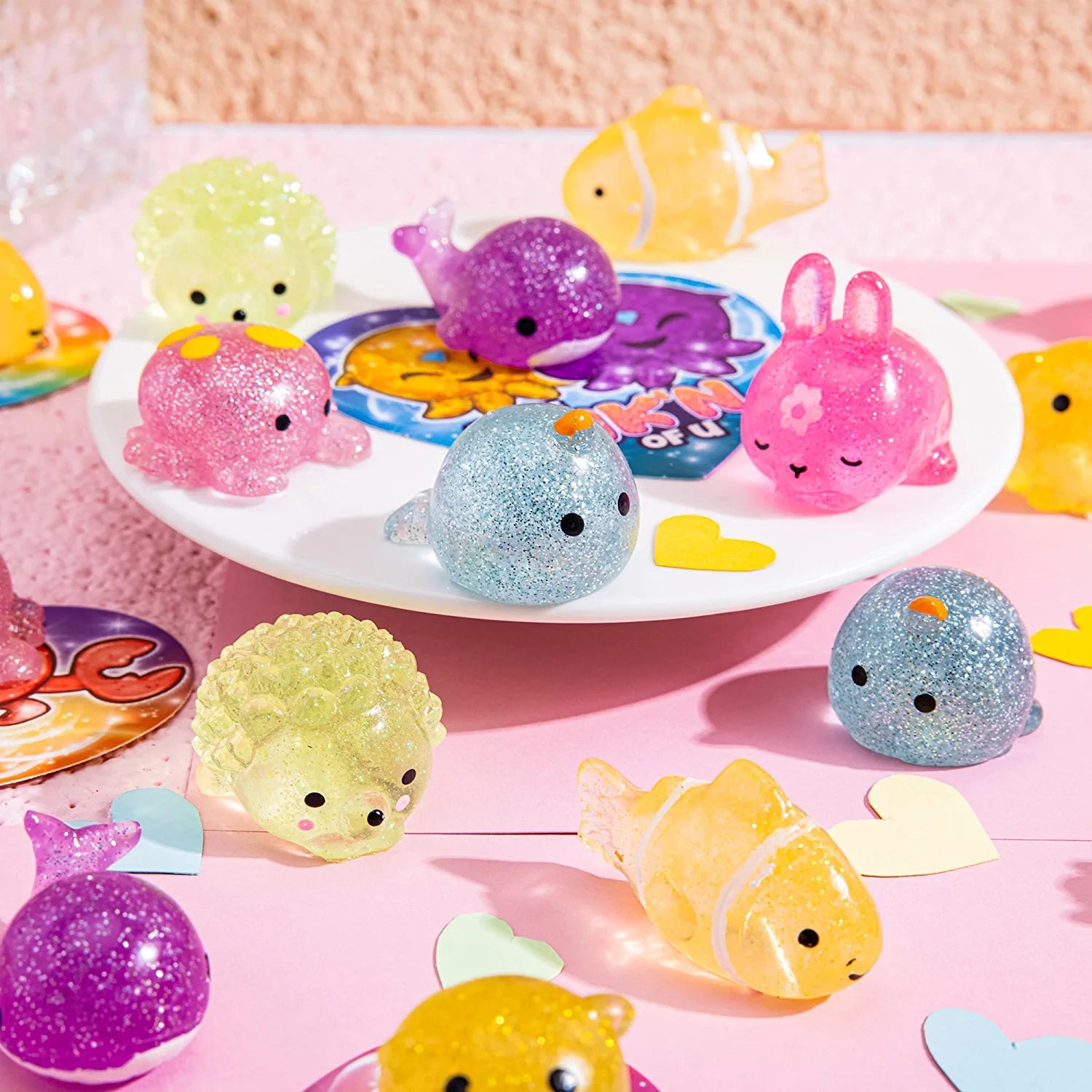 28 Glitter Mochi Squishy Toys with Valentine Cards for Classroom Exchange
