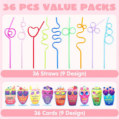 36 Drinking Straws with Kids Valentine's Cards for Valentine Party Favors