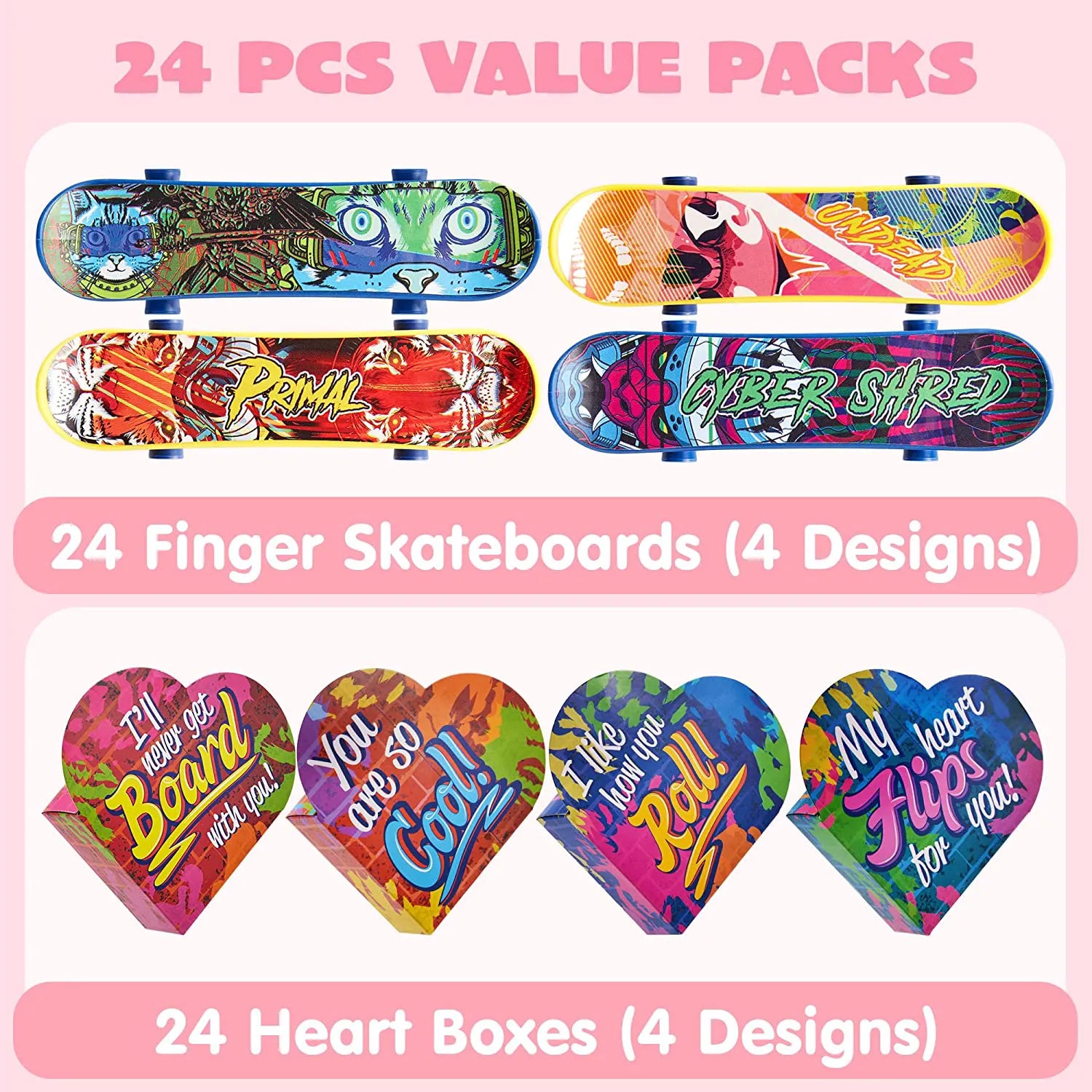 28 Mini Skateboards in Boxes with Kids Valentine's Cards for Classroom Exchange