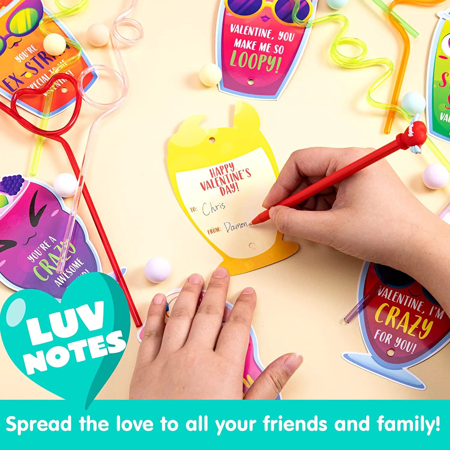 36 Drinking Straws with Kids Valentine's Cards for Valentine Party Favors