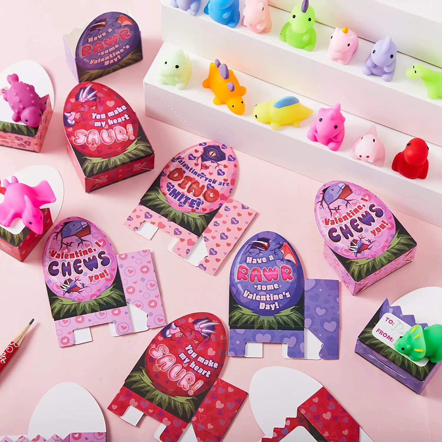 28-Pack Dinosaur Mochi Squishy Toys with Boxes - Valentine's Day Cards for Kids