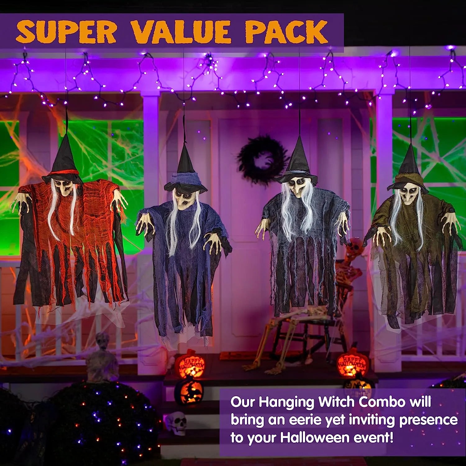 4 Pcs Hanging Witches (Purple, Orange, Green, Grey)