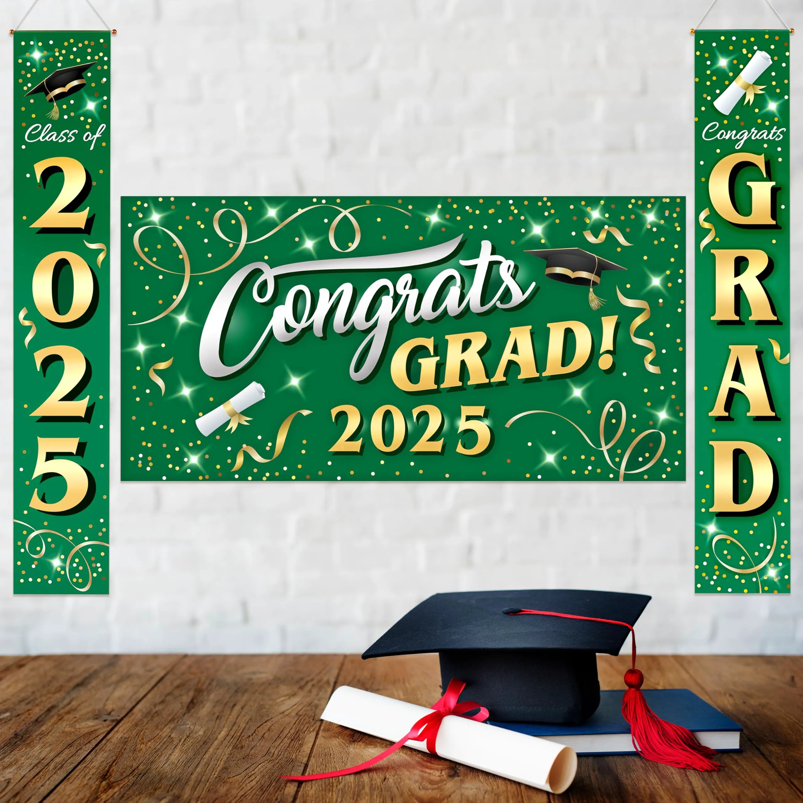 JOYIN 3 Pcs Graduation Decorations Class of 2025, Satin Fabric Congrats Grad Banner Set, Green & Gold Party Backdrop and Banner Hanging Porch Supplies for College Graduation Party Indoor Outdoor Decor