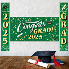 JOYIN 3 Pcs Graduation Decorations Class of 2025, Satin Fabric Congrats Grad Banner Set, Green & Gold Party Backdrop and Banner Hanging Porch Supplies for College Graduation Party Indoor Outdoor Decor