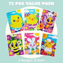 JOYIN 72 Pack Easter Plastic Gift Bags with Animal Flower Easter Party Supplies for Kids