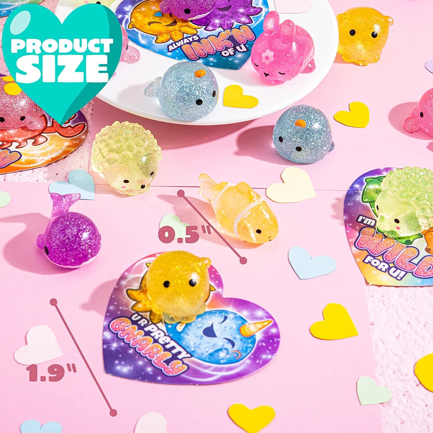 28 Glitter Mochi Squishy Toys with Valentine Cards for Classroom Exchange