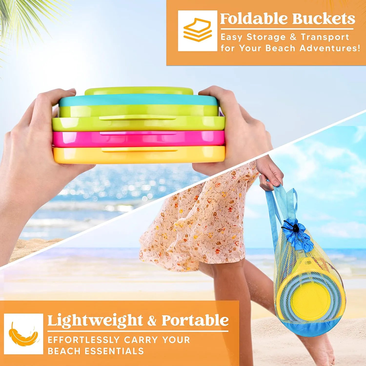 3Pcs Collapsible Beach Toy Buckets with Shovels