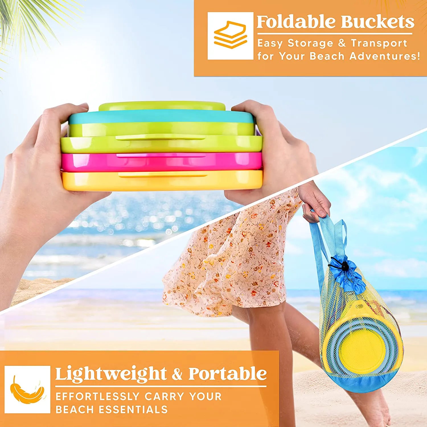 3 Pack Foldable Pail Buckets with Shovels (Bonus Mesh Bag)