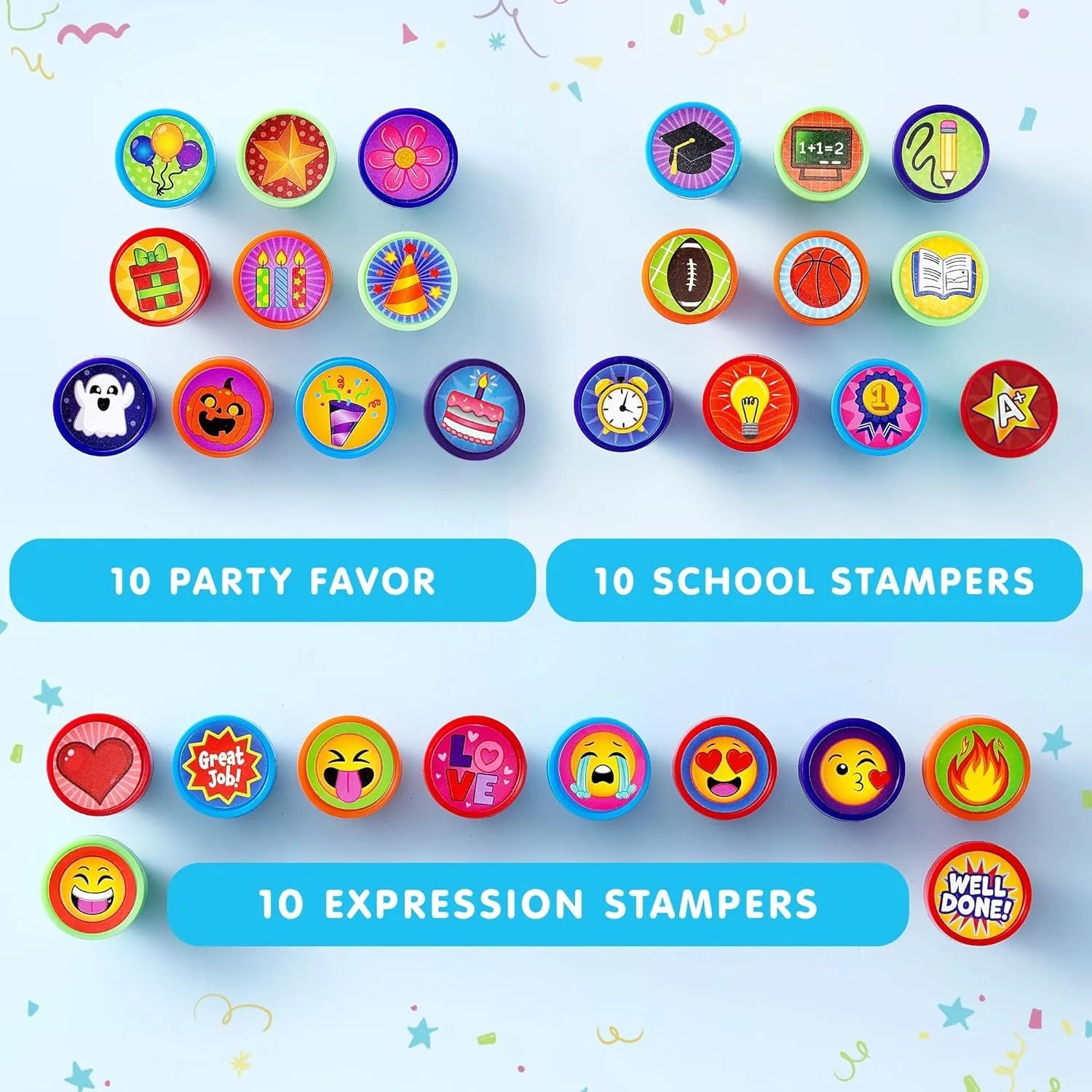 50-Pack Assorted Self-Ink Stamps for Kids with 50 Unique Designs