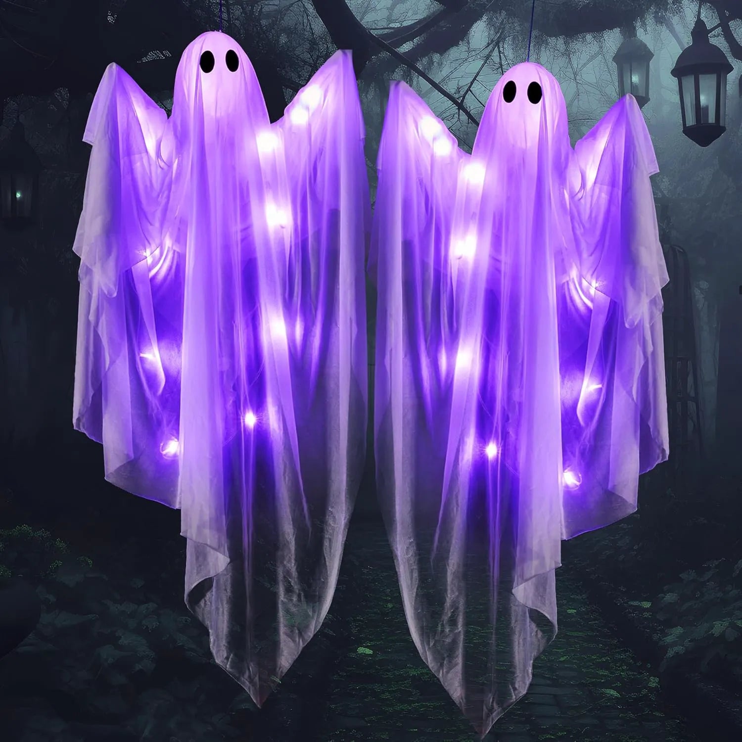 35.5" Halloween Hanging Ghost with Purple LED Light